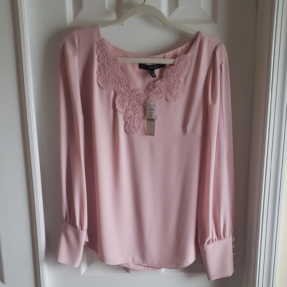 White House Black Market Pink Embellished Long Sleeve Blouse Perfect For Spring